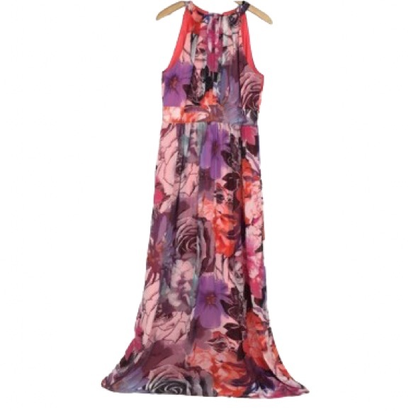 Eliza J Halter Maxi Dress Multicolor Floral Pink & Purple Feminine Sheer Flowy - Picture 2 of 16